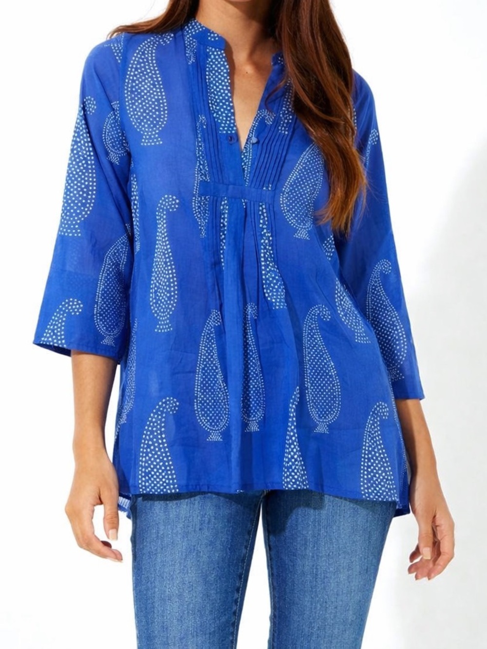 Oliphant French Pintuck Tunic Blouse Paisley Print Blue White Size XS